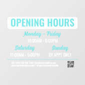 Turquoise White Retro Script QR Code Opening Hours ウィンドウサイン (シート)