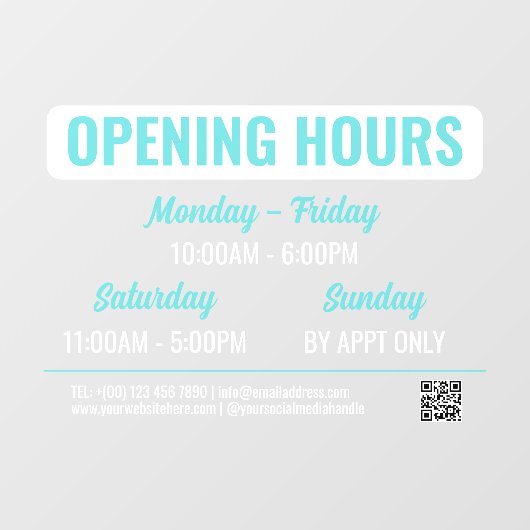 Turquoise White Retro Script QR Code Opening Hours ウィンドウサイン (シート)