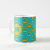 Turquoise & Yellow XOXO Kissing Lips Personalized コーヒーマグカップ (正面左)