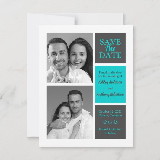 TurquoiseGrayミニマルモダンリストの救写真日付 案内状 (正面)