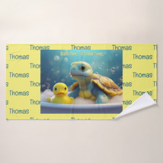 Turtle and Rubber Duck in the Bath Custom Text バスタオル