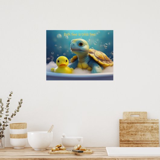 Turtle and Rubber Duck in the Bath Custom Text ポスター (キッチン)