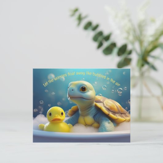 Turtle and Rubber Duck in the Bath Custom Text ポストカード (スタンド正面)