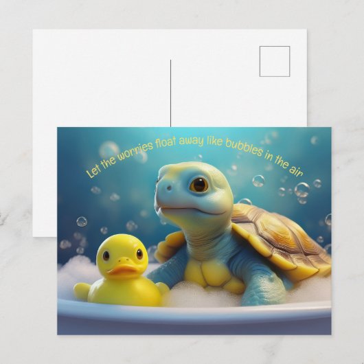 Turtle and Rubber Duck in the Bath Custom Text ポストカード (正面/裏面)