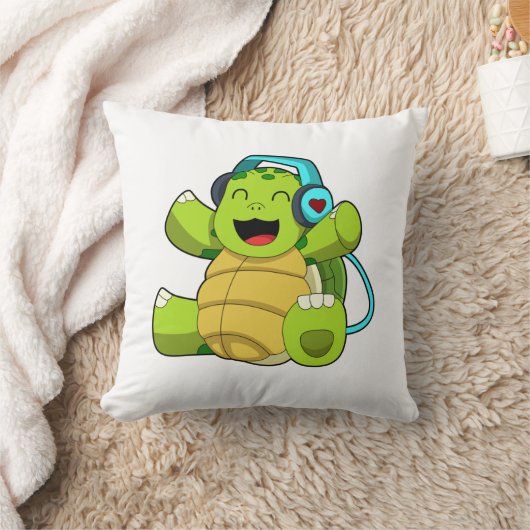 Turtle at Music with Headphone クッション (ブランケット)