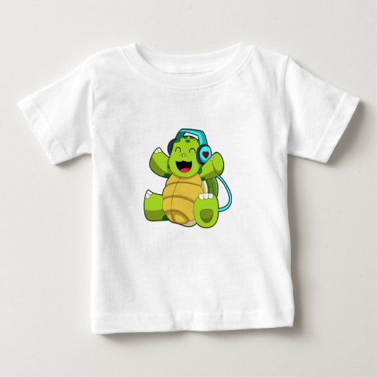 Turtle at Music with Headphone ベビーTシャツ (正面)