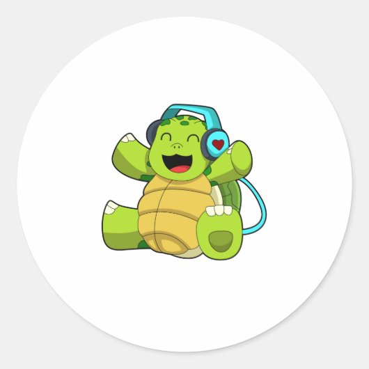 Turtle at Music with Headphone ラウンドシール (正面)