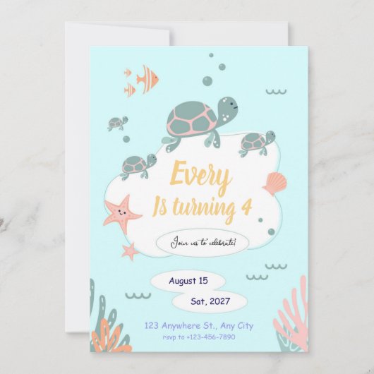 Turtle Birthday invitation under the sea invite 招待状 (正面)