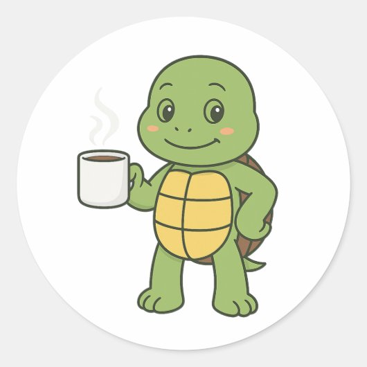 Turtle drinking coffee ラウンドシール (正面)