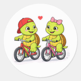Turtle duo on colourful bicycles ラウンドシール