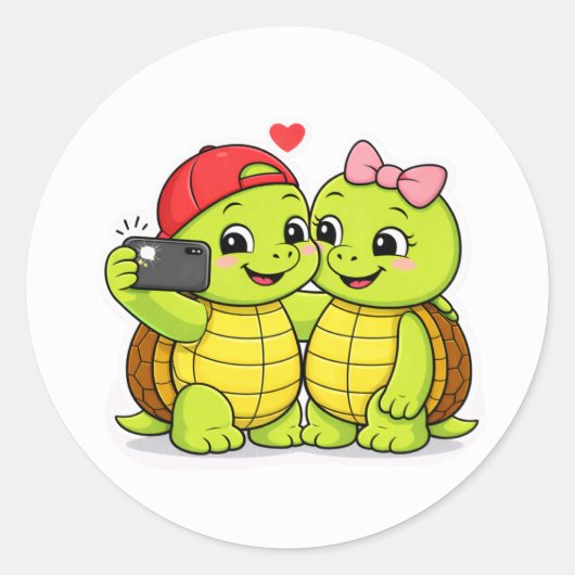 Turtle duo selfie fun ラウンドシール (正面)