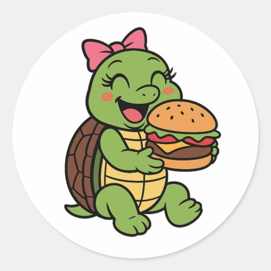 Turtle eating a burger ラウンドシール (正面)