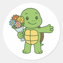 Turtle holding a bouquet of flower ラウンドシール