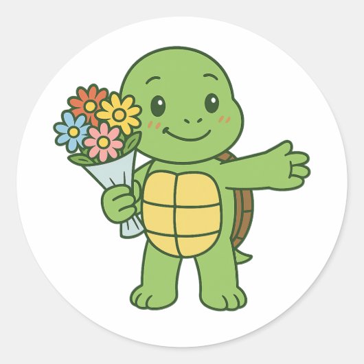 Turtle holding a bouquet of flower ラウンドシール (正面)