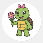 Turtle holding a flower ラウンドシール (正面)