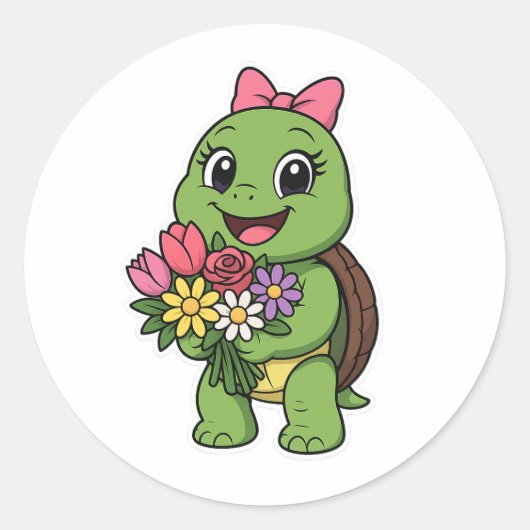 Turtle holding a flowers ラウンドシール (正面)