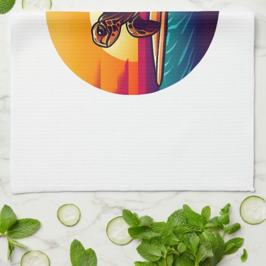 Turtle on Surfboard Sunset キッチンタオル (折り畳み)