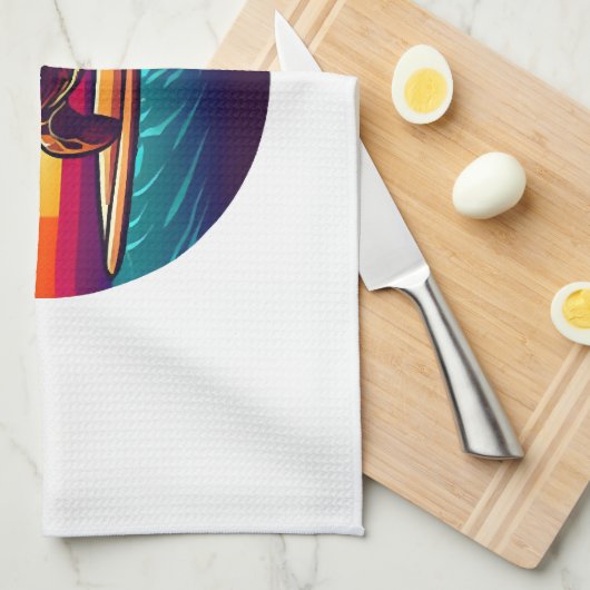 Turtle on Surfboard Sunset キッチンタオル (四つ折り)