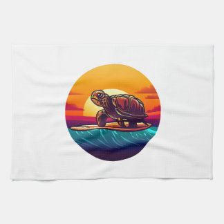 Turtle on Surfboard Sunset キッチンタオル