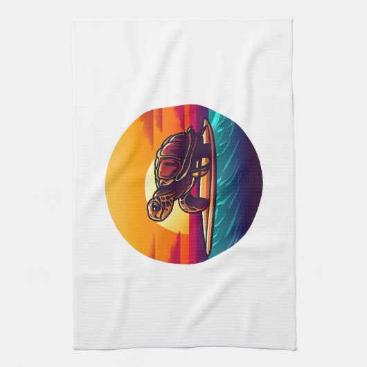 Turtle on Surfboard Sunset キッチンタオル (縦)