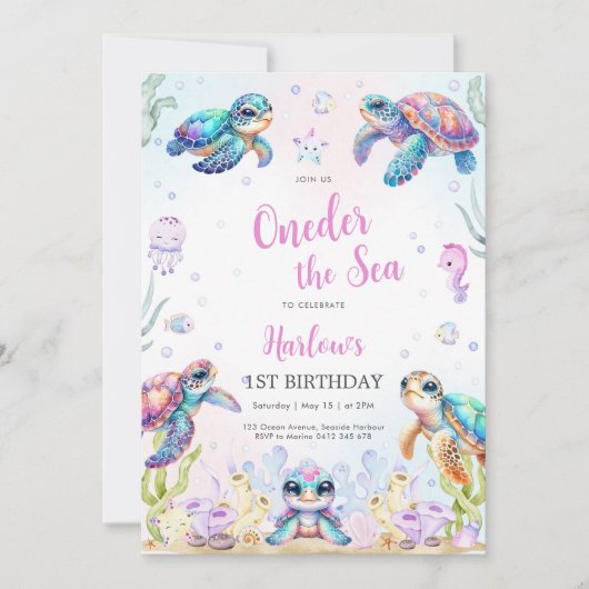 Turtle Oneder The Sea 1st Birthday Invitation 招待状 (正面)