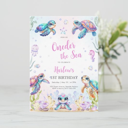 Turtle Oneder The Sea 1st Birthday Invitation 招待状 (スタンド正面)