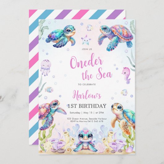 Turtle Oneder The Sea 1st Birthday Invitation 招待状 (正面/裏面)