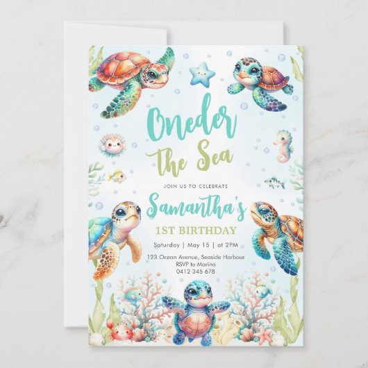 Turtle Oneder The Sea 1st Birthday Invitation 招待状 (正面)