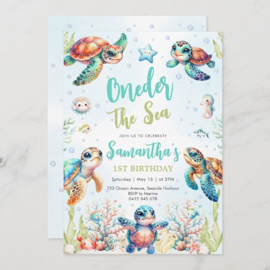Turtle Oneder The Sea 1st Birthday Invitation 招待状 (正面/裏面)