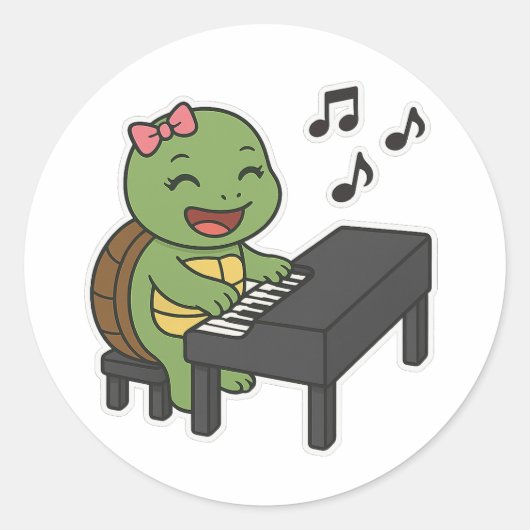 Turtle playing on a piano ラウンドシール (正面)