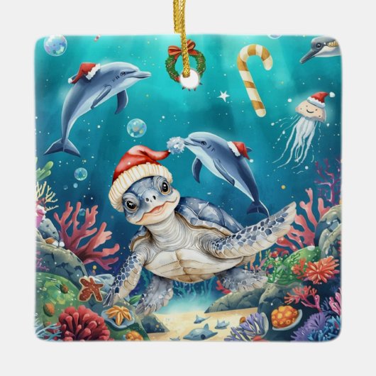 Turtle Santa Hat Under the Sea Christmas Party セラミックオーナメント (正面)