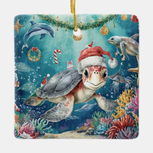 Turtle Santa Hat Under the Sea Christmas Party セラミックオーナメント (正面)