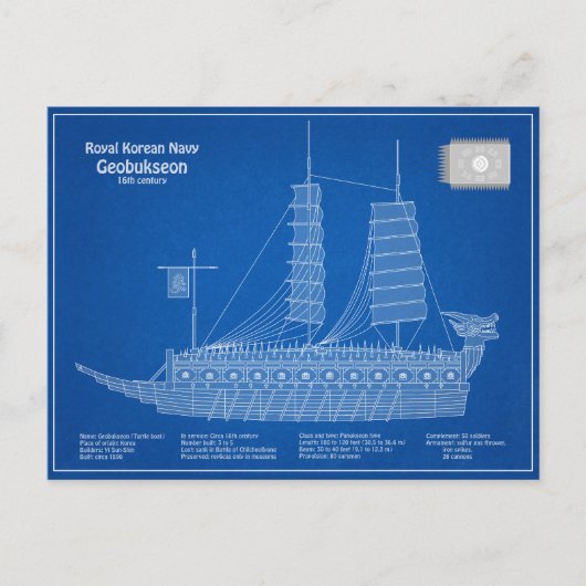 Turtle Ship Geobukseon – 船舶設計図ABD ポストカード (正面)