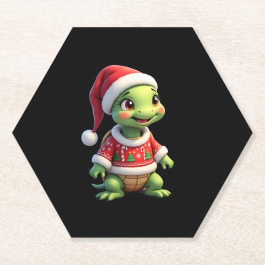 Turtle Ugly Sweater Santa Hat Christmas T-Shirt (1 ペーパーコースター (正面)