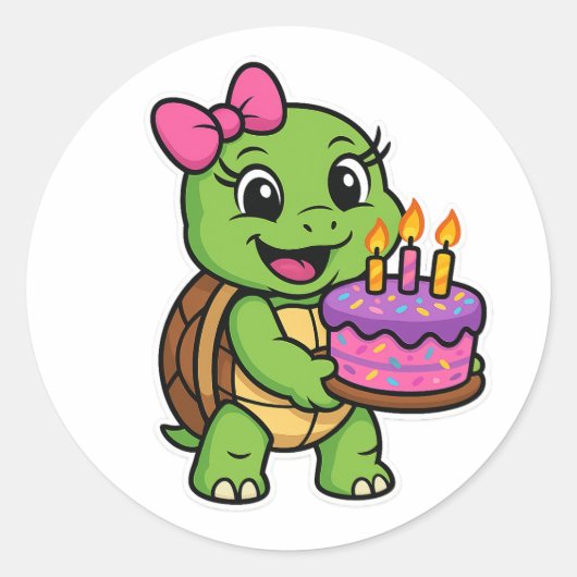 Turtle with birthday cake ラウンドシール (正面)