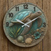 Turtle wood sea decor rustic coastal marine life ラージ壁時計
