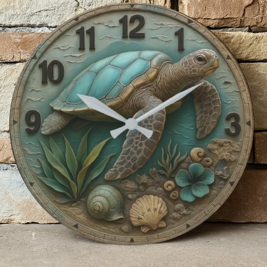 Turtle wood sea decor rustic coastal marine life ラージ壁時計
