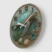 Turtle wood sea decor rustic coastal marine life ラージ壁時計 (傾斜)