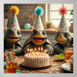 Turtles celebrating birthday with cake and hats ポスター