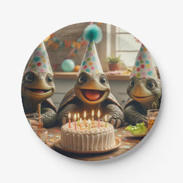 Turtles celebrating birthday with cake and hats In ペーパープレート