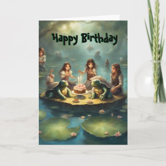 Turtles on the lily pads in pond birthday card  サンキューカード (正面)