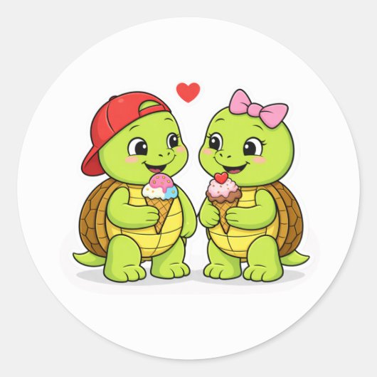 Turtles sharing ice cream and love ラウンドシール (正面)