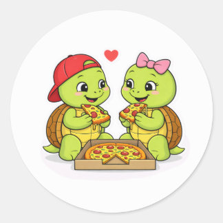 Turtles sharing pizza and smiles ラウンドシール