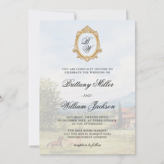 Tuscan Countryside Landscape Monogram Wedding  招待状 (正面)
