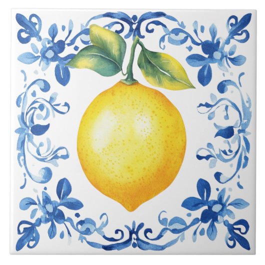 Tuscan Rustic Mediterranean Blue Lemon タイル (正面)