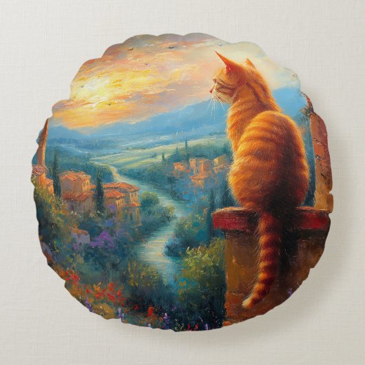 Tuscan Sunset with a Ginger Cat ラウンドクッション (正面)