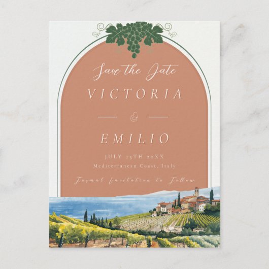 Tuscan Vineyard Terracotta Save the Date Card 案内ポストカード (正面)