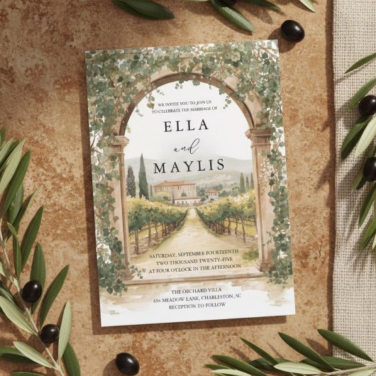 Tuscan Vineyard Wedding | Italian Arch Watercolor 招待状