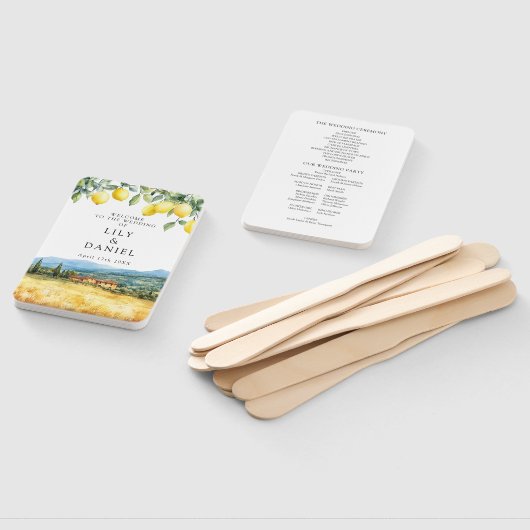 Tuscany Italy Lemons Watercolor Wedding Program ハンドファン (組立なし)