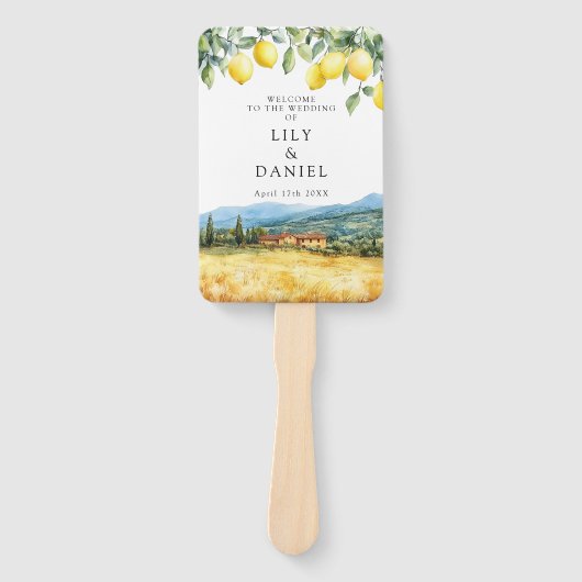 Tuscany Italy Lemons Watercolor Wedding Program ハンドファン (正面)